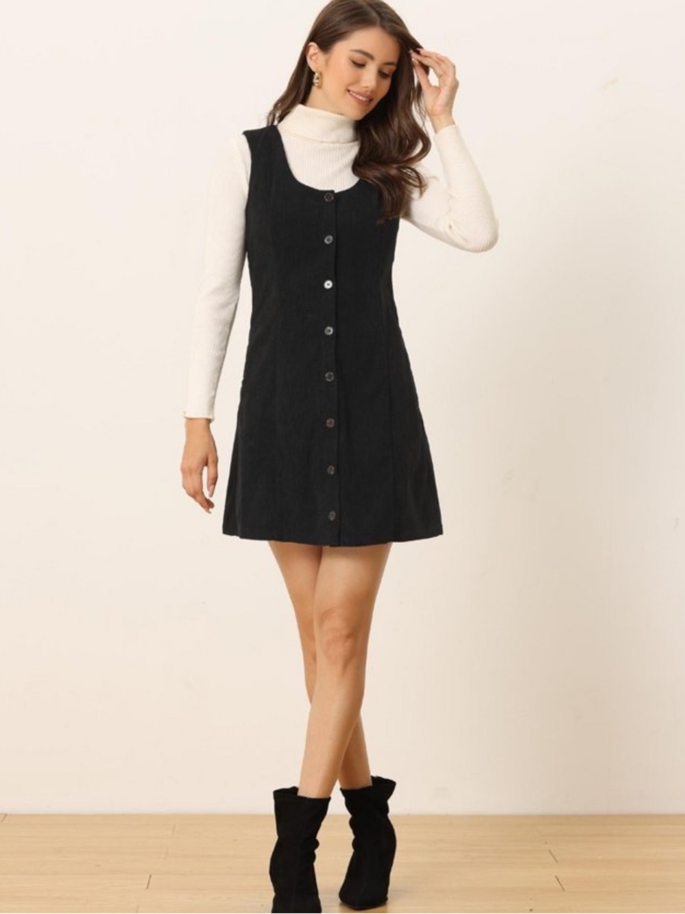 Corduroy Button-Front Sleeveless A-Line Dress
